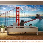พิมพ์ภาพติดผนัง คุณภาพส่งออก ตกแต่งห้องทำงาน ภาพลายสะพานโกลเด้นเกต ซานฟรานซิสโก สะพานสีเเดงตัดกับสีฟ้าน้ำทะเล เเละท้องฟ้า ดูเเล้วสบายตา