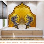 วอลเปเปอร์หลังหิ้งพระ ลายหินอ่อนกับภาพลายไทยพญานาคล้อมดวงจันทร์ พื้นสีเหลืองทองลายดอกประจำยาม มีงบน้อยก็สามารถทำได้