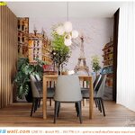 Print wallpaper ตามขนาด ตกแต่งห้องกินข้าว เฟอร์นิเจอร์ไม้กับบรรยากาศแสนอบอุ่น วิวหอไอเฟล