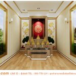 วอลเปเปอร์ตกแต่งห้องพระ ลายธรรมจักรดอกบัวพื้นสีแดง หรูหรา มีระดับ