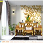 ออกแบบวอลเปเปอร์ติดผนังห้องพระ แต่งหรูด้วยสีทอง ลายไทยใบโพธิ์ปลิวลมพื้นหลังสีขาว เรียบง่าย สร้างบรรยากาศอบอุ่น