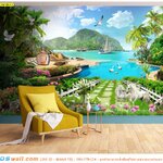 ภาพวิว ภาพศิลปะ ภาพคมชัด ตกแต่งมุมพักผ่อนในบ้าน ลายดอกไม้วิวริมทะเลเเละท้องฟ้า สีสันสวยงาม