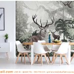 Print ภาพศิลปะ ผ้าCanvas ตกแต่งห้องอาหาร ติดวอลเปเปอร์ลายกวางในสวนป่าโทนสีสมูท สวยเรียบง่าย