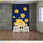 Wallpaper ผ้าพิมพ์ลายดอกบัวทองพื้นสีน้ำเงิน แบบห้องพระ สมัยใหม่ สไตล์ลอฟต์