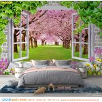 ภาพวิว ภาพศิลปะ ตกแต่งห้องนอนเด็ก ลายดอกซากุระสีชมพูหวานในสวน ดูสดใสสมวัย
