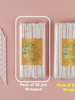SKY [แพ็คห่อพลาสติก 50ชิ้น] สีชมพูริ้วขาว หลอดเยื่อกระดาษธรรมชาติ - ห่อซองกระดาษแยกชิ้น