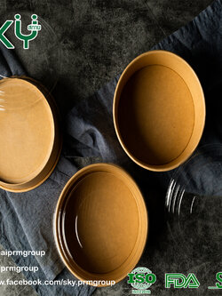 SKY [แพ็คเล็ก 50ชุด] รุ่น D-K ถ้วยอาหารกระดาษคราฟท์ ด้านในน้ำตาล + ฝา PET หรือ ฝา PP [500ml / 580ml / 750ml / 1000ml / 1300ml]]